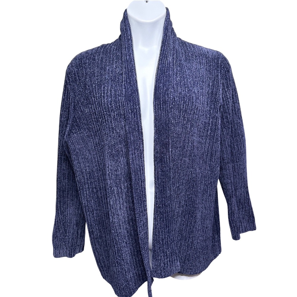 LANDS' END Womens Navy Blue Ribbed Chenille Cardigan 1X Shawl Collar Grandmacore